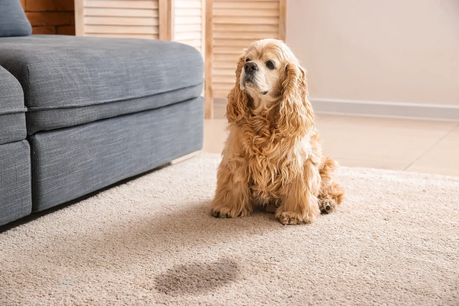 A cocker spaniel is sitting on a carpet next to a couch.