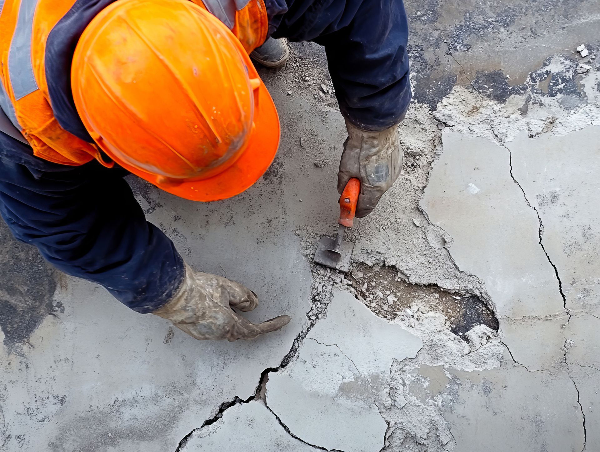 Un ouvrier du bâtiment portant un casque de sécurité orange travaille sur une surface en béton fissurée.