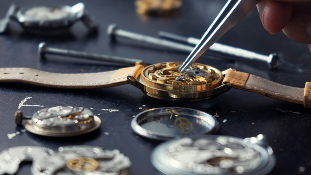 A person is fixing a watch with tweezers.