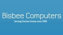 A blue logo for bisbee computers serving cochise county since 2003