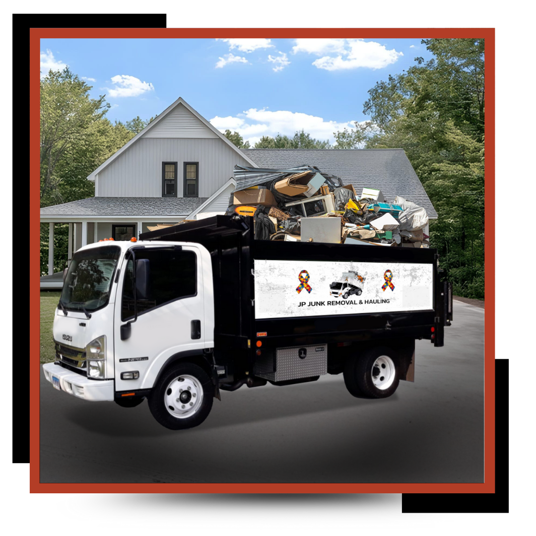JP Junk removal & hauling truck parked in front of a house