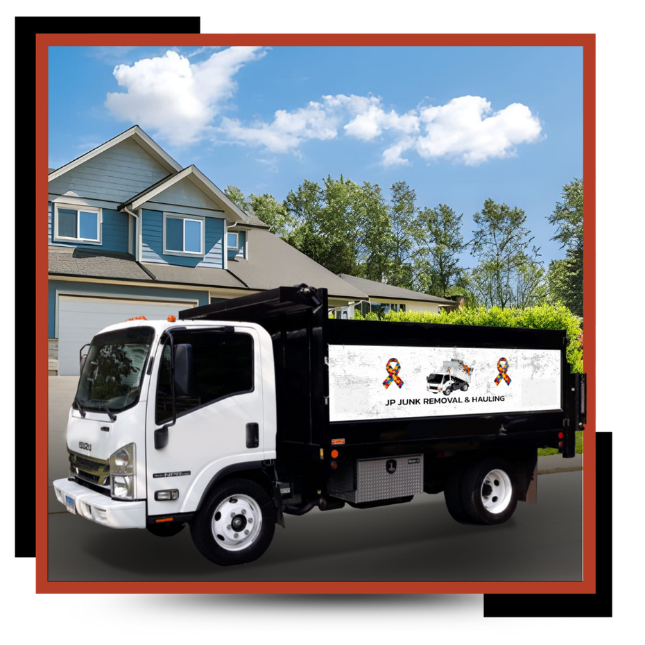 JP Junk Removal & Hauling Dump Truck in front of a house