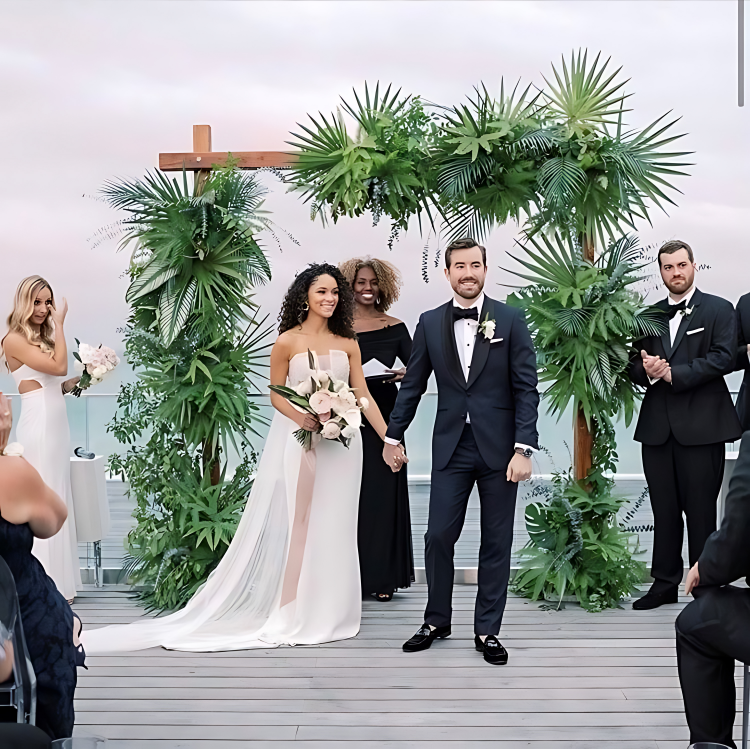 couple walking off alter after wedding ceremony