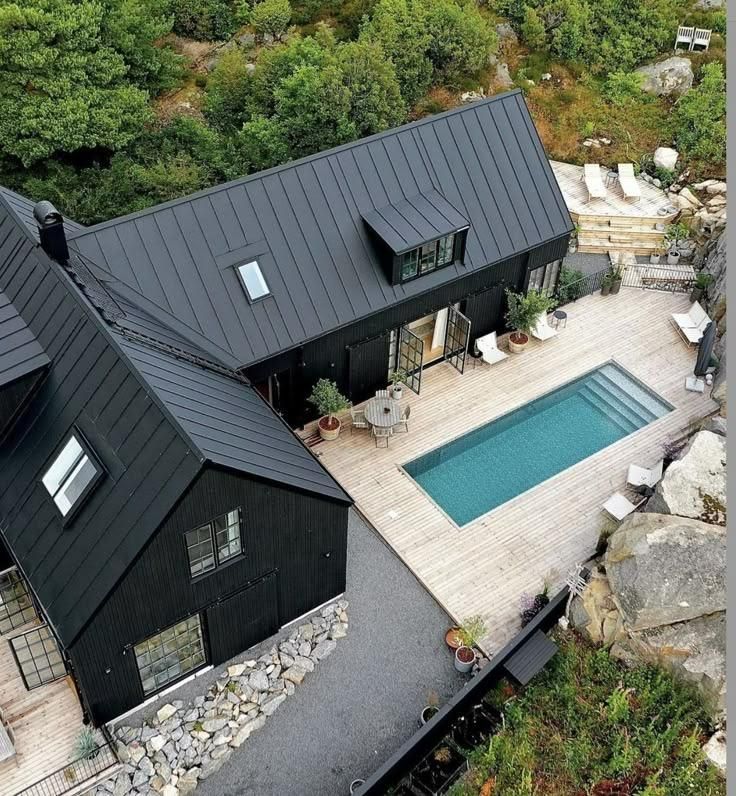 An Aerial View of A Black House with A Swimming Pool — Apex Roofing Group in Lennox Head, NSW