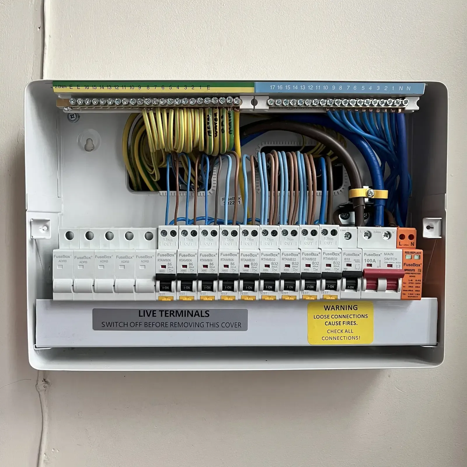 A photo of a new consumer unit installed by AJOB Electrical Ltd.