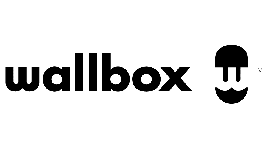 A black and white logo for wallbox with a smiley face.