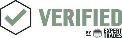 A logo for verified by expert trades with a check mark in a hexagon.