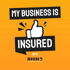 A thumbs up sign that says `` my business is insured with rhino ''.