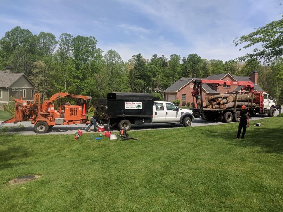 Tree removal crew with truck and wood chipper on residential lawn.