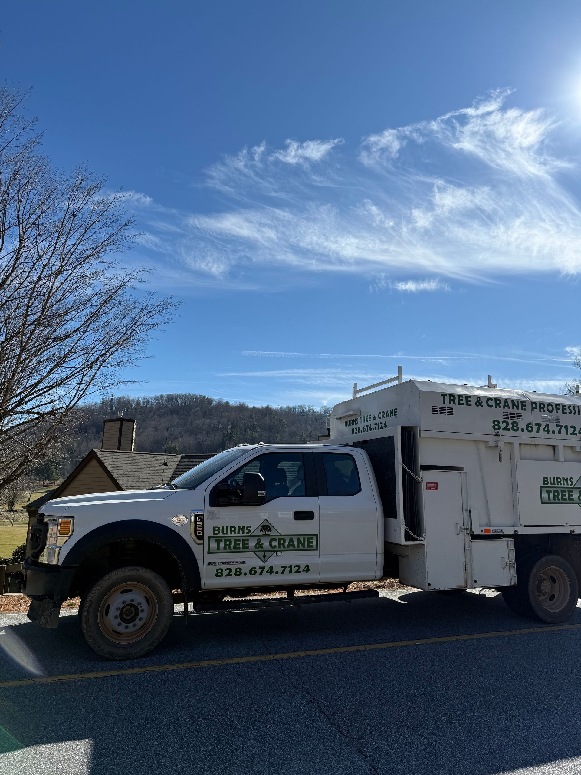 White Laurel Tree & Crane truck parked on a road, with a blue sky and trees in the background.