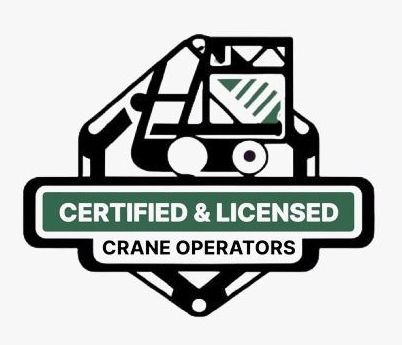 Logo: Crane silhouette within a badge; green text: 