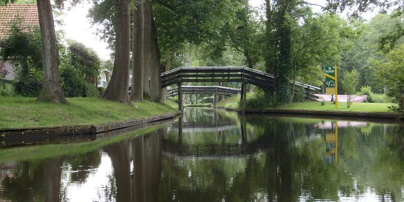 Er is een brug over een rivier in het midden van een park.