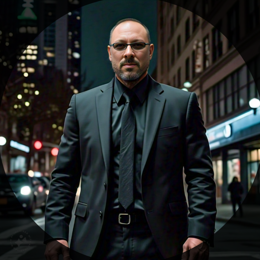 Man in a dark suit stands in city street at night; buildings and lights are in the background.