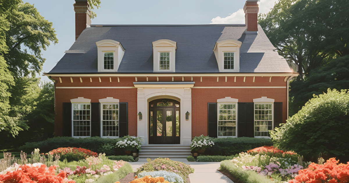 A large red brick house with a garden in front of it