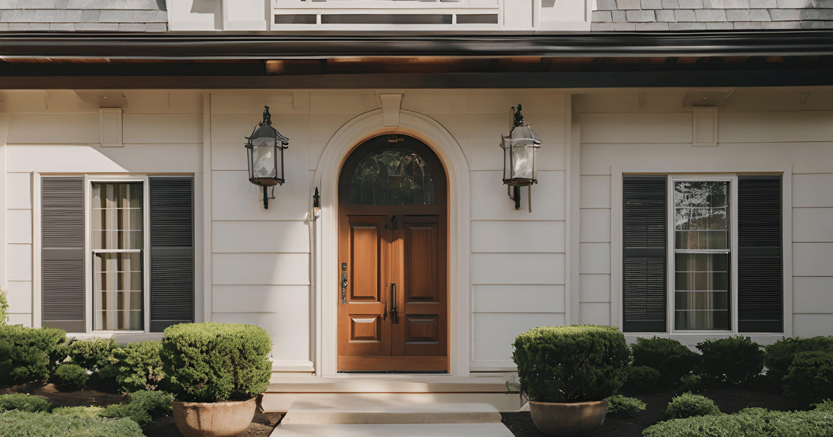 The front of a white house with a wooden door and black shutters.