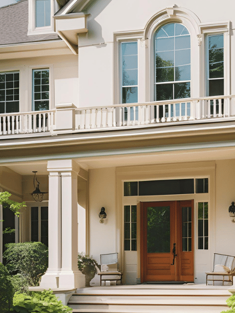 A large white house with a large porch and a wooden door
