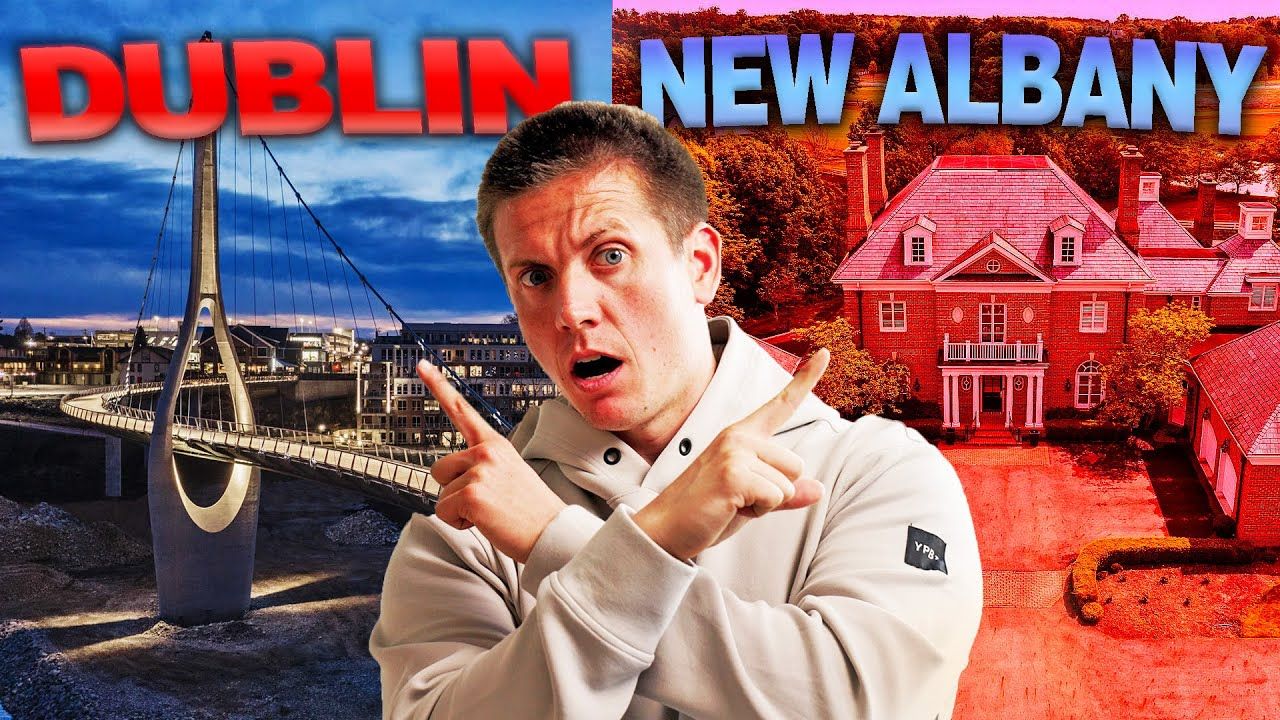 Man pointing between Dublin skyline and New Albany mansion, with bold red and blue city labels.
