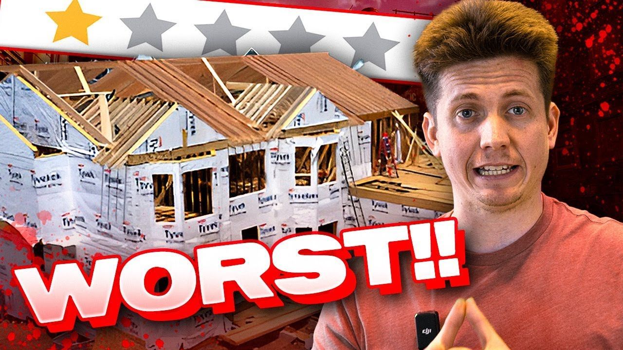 YouTube-style thumbnail with a man in a red shirt and bold “WORST!!” text over a house frame scene