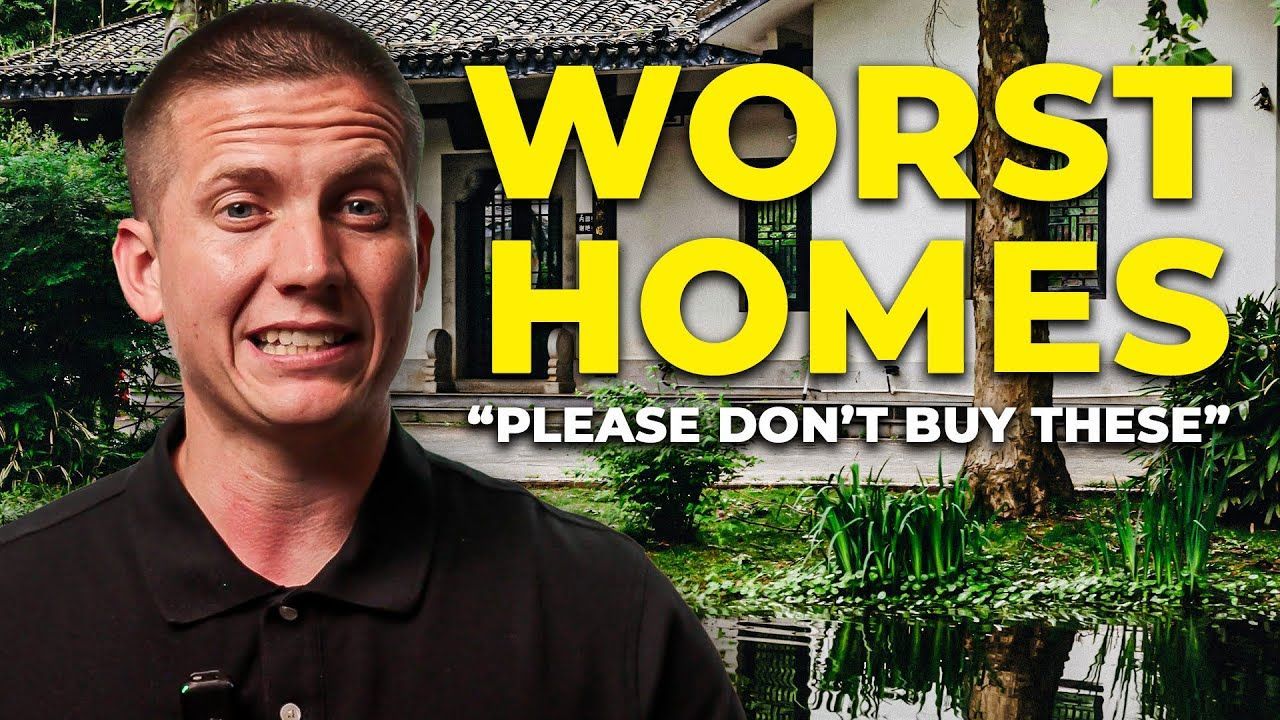 Man standing beside bold yellow text “WORST HOMES” and “PLEASE DON’T BUY THESE” over a house background