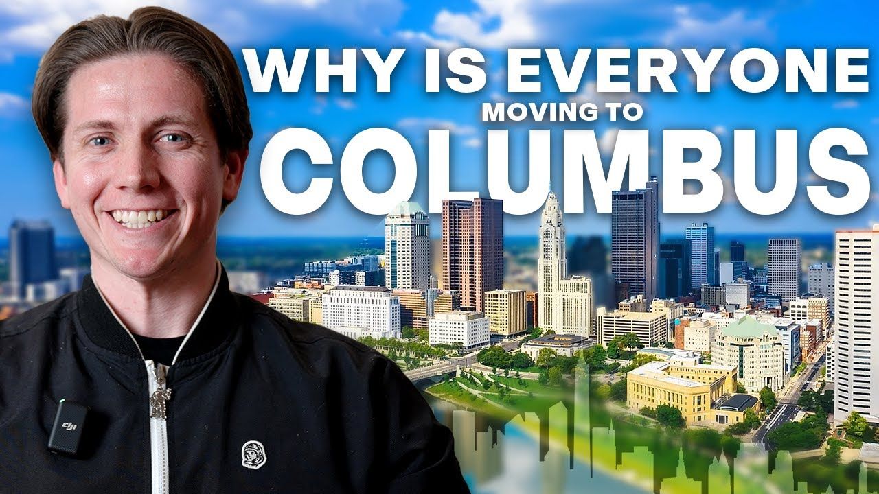 Person smiling on a city skyline background with text: “Why is everyone moving to Columbus”