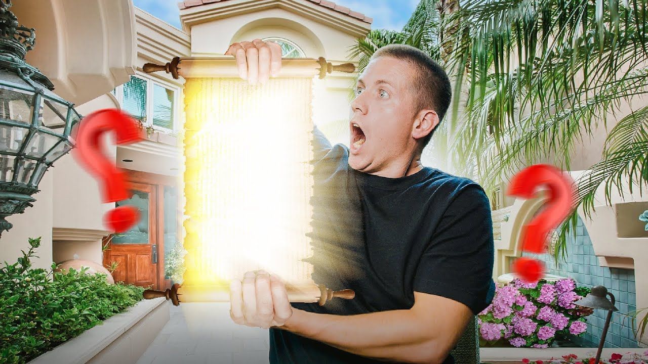 Man in black shirt looking shocked at bright glowing portal, with red question marks in a garden courtyard