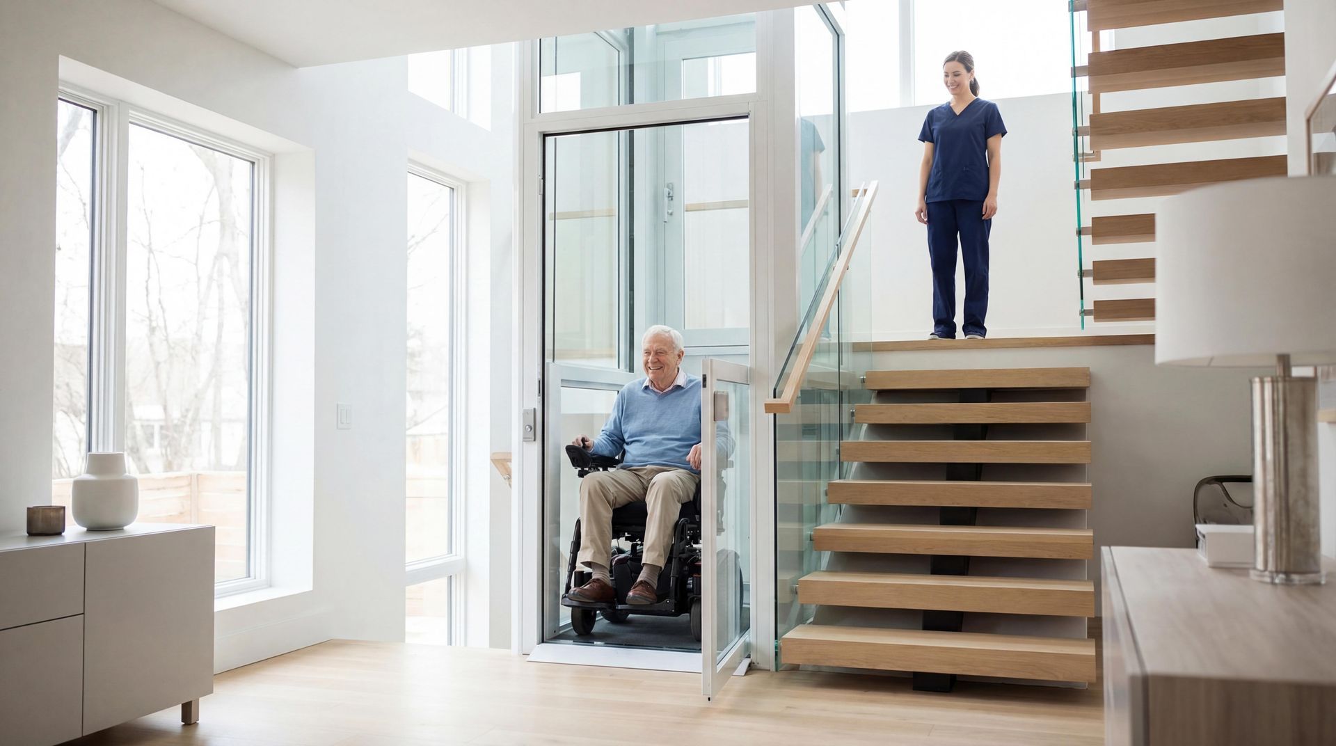 Senior man using home elevator with caregiver support. Senior man using home elevator with caregiver support.