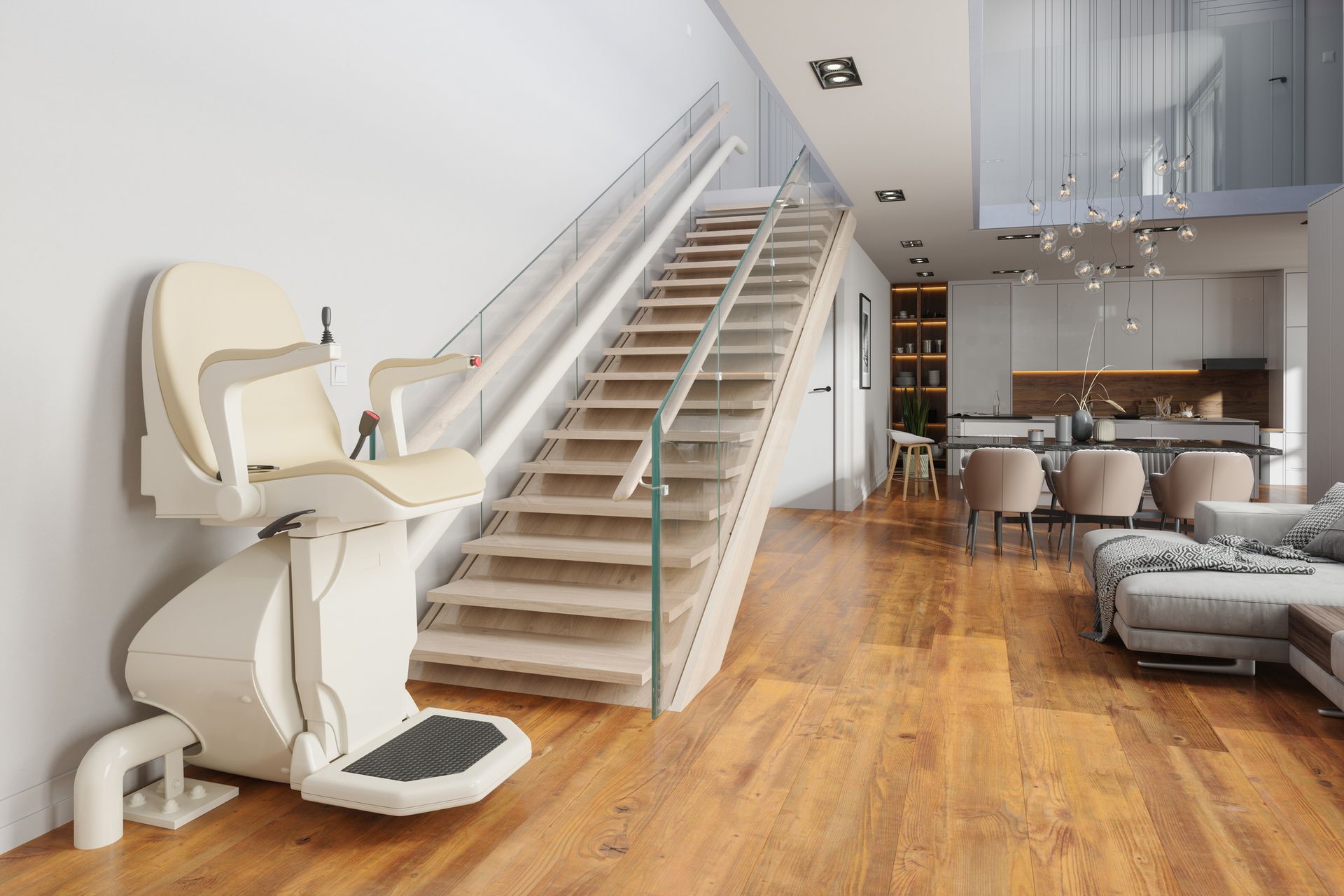 Stair lift installed beside modern staircase in contemporary open-concept home.
