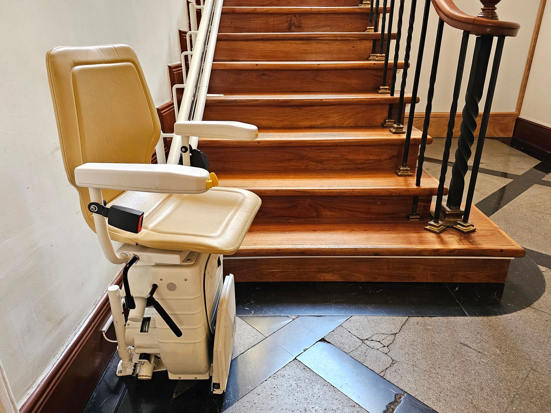 A stairlift for going up and down stairs is an elevator system intended for elderly people.