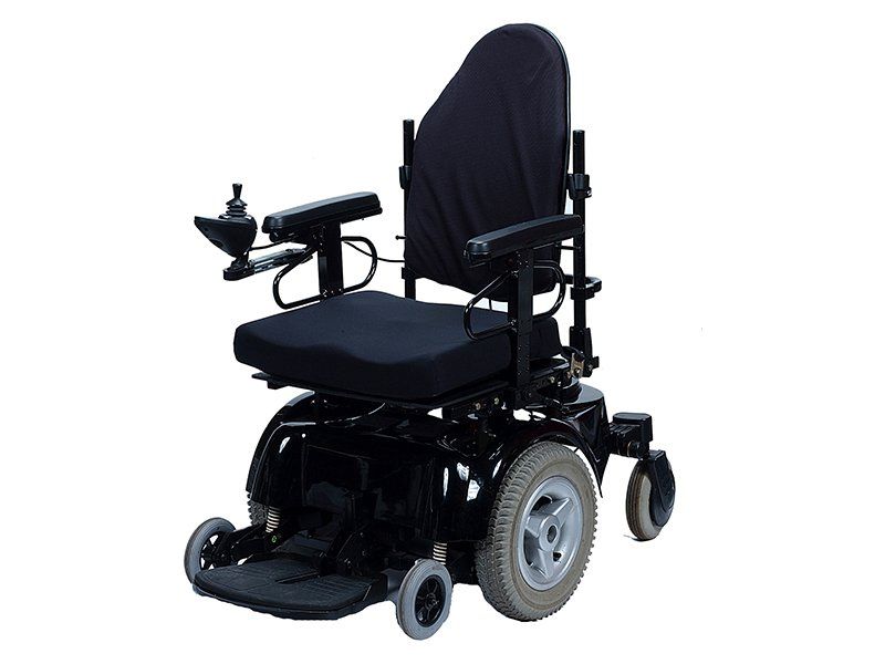A black electric wheelchair is on a white background.