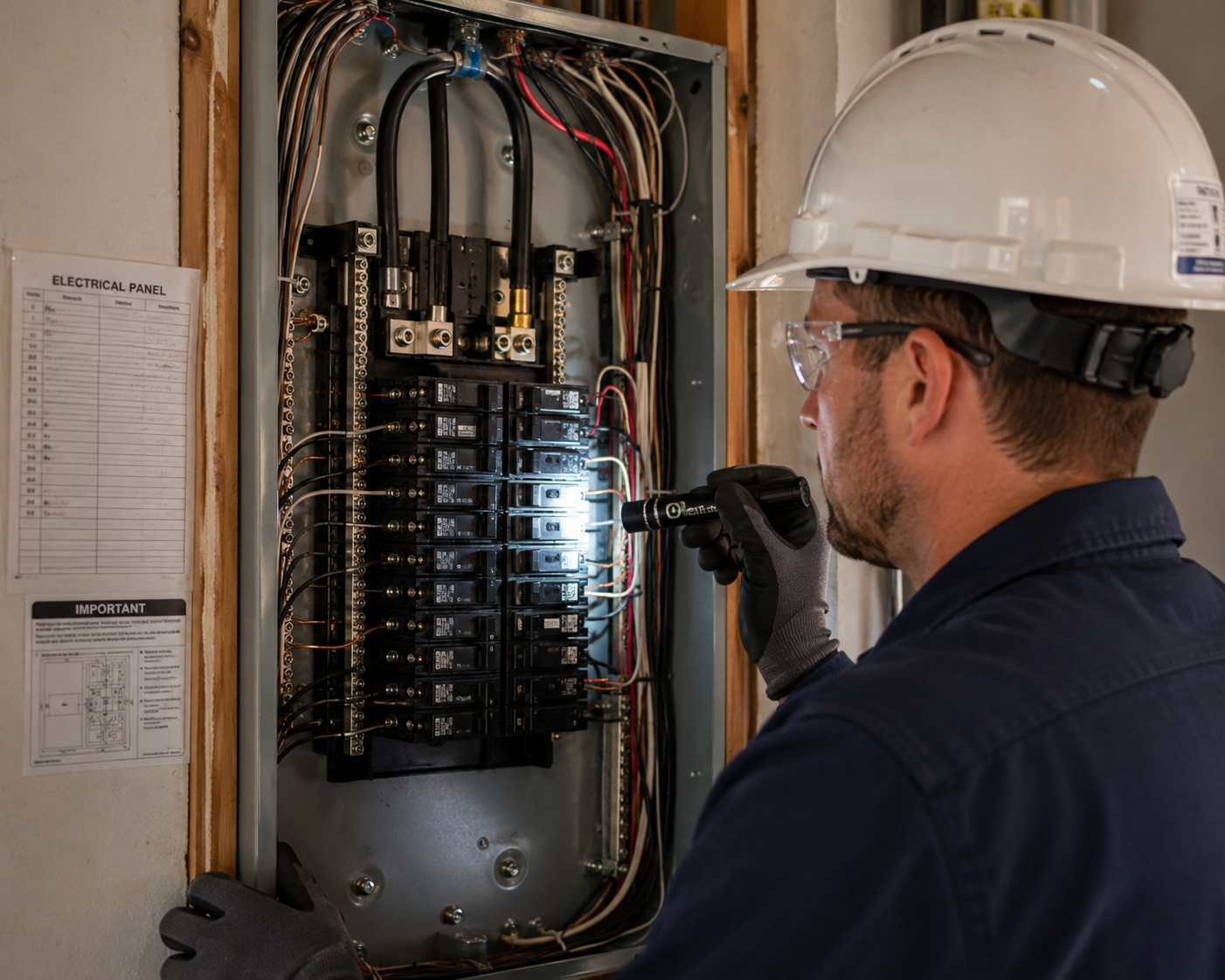 Electrician inspecting a home's electrical panel before an upgrade