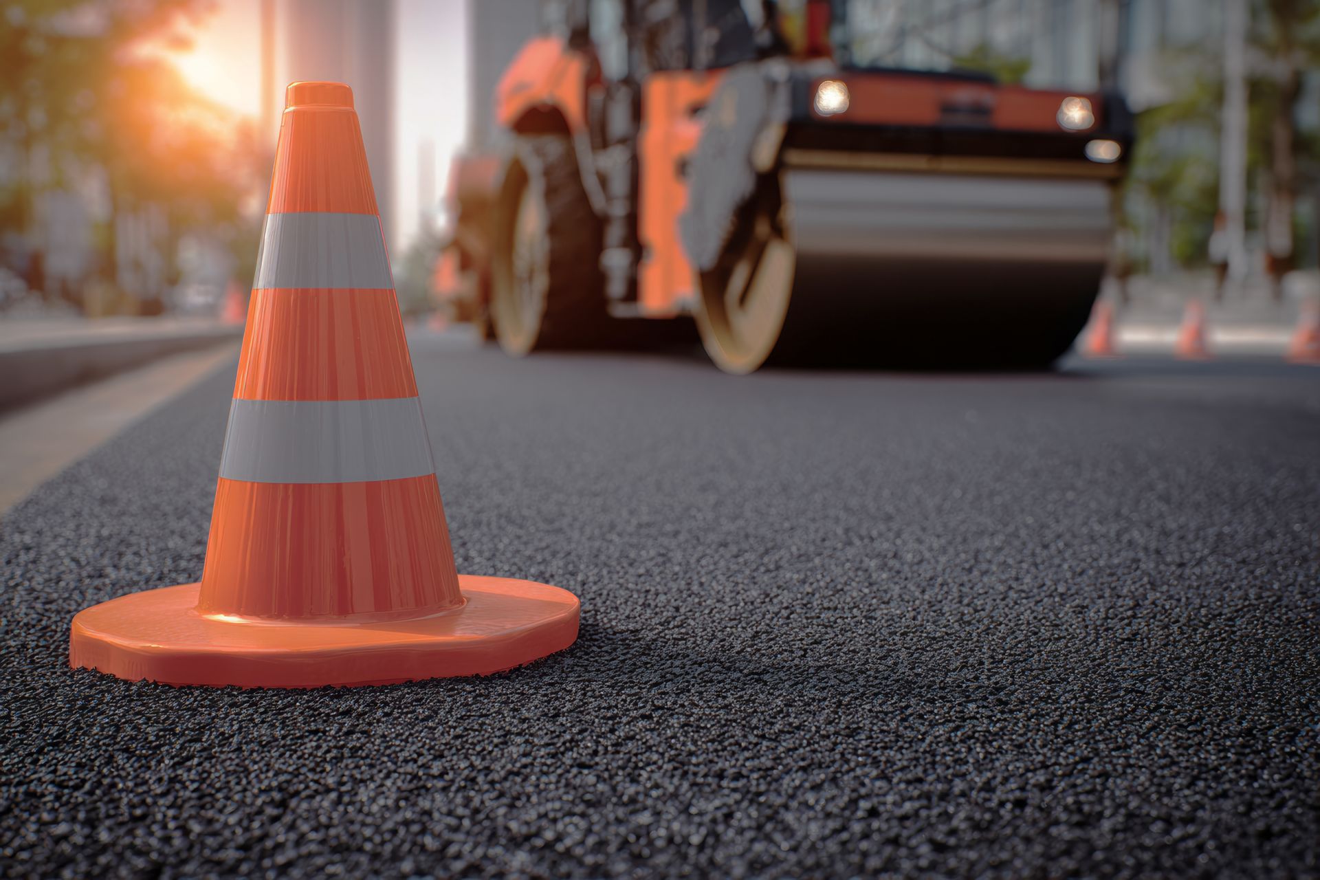 Traffic cone showcasing asphalt resurfacing contractors on fresh asphalt with city sunrise bokeh.