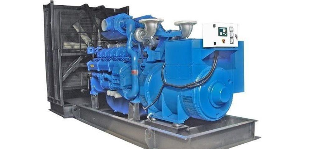 Blue generator on a metal frame, against a white background.