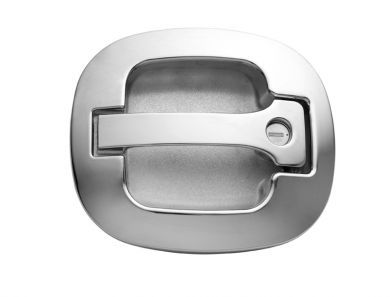 A stainless steel door handle on a white background