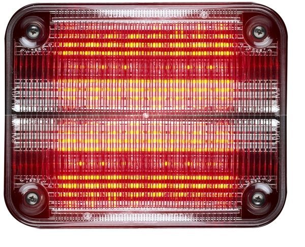 A close up of a red and yellow light on a white background.
