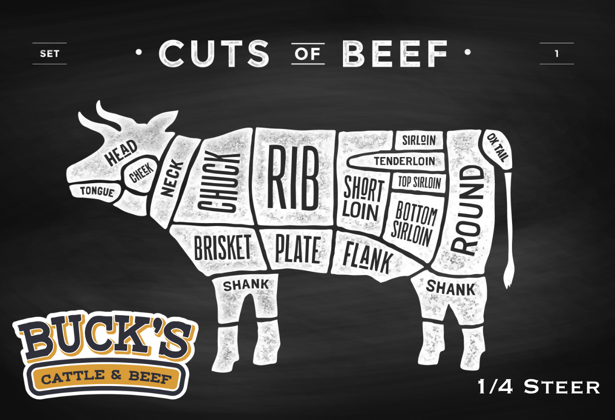 Black-and-white beef cuts diagram labeled “Cuts of Beef” with Buck’s Cattle & Beef logo and 1/4 steer text