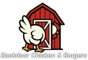 Cartoon chicken peeks from a red barn door; text "Backdoor Chicken & Burgers" below.