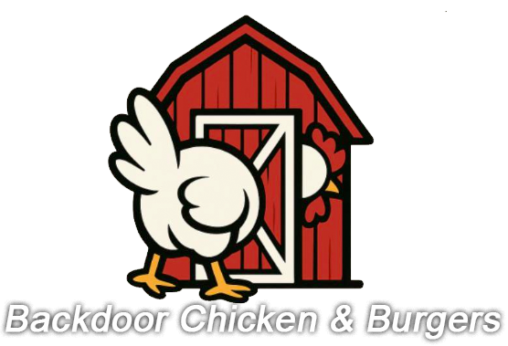 Cartoon chicken peeks from a red barn door; text "Backdoor Chicken & Burgers" below.