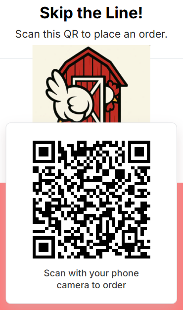 QR code to order food, cartoon chicken peeking from a red barn.