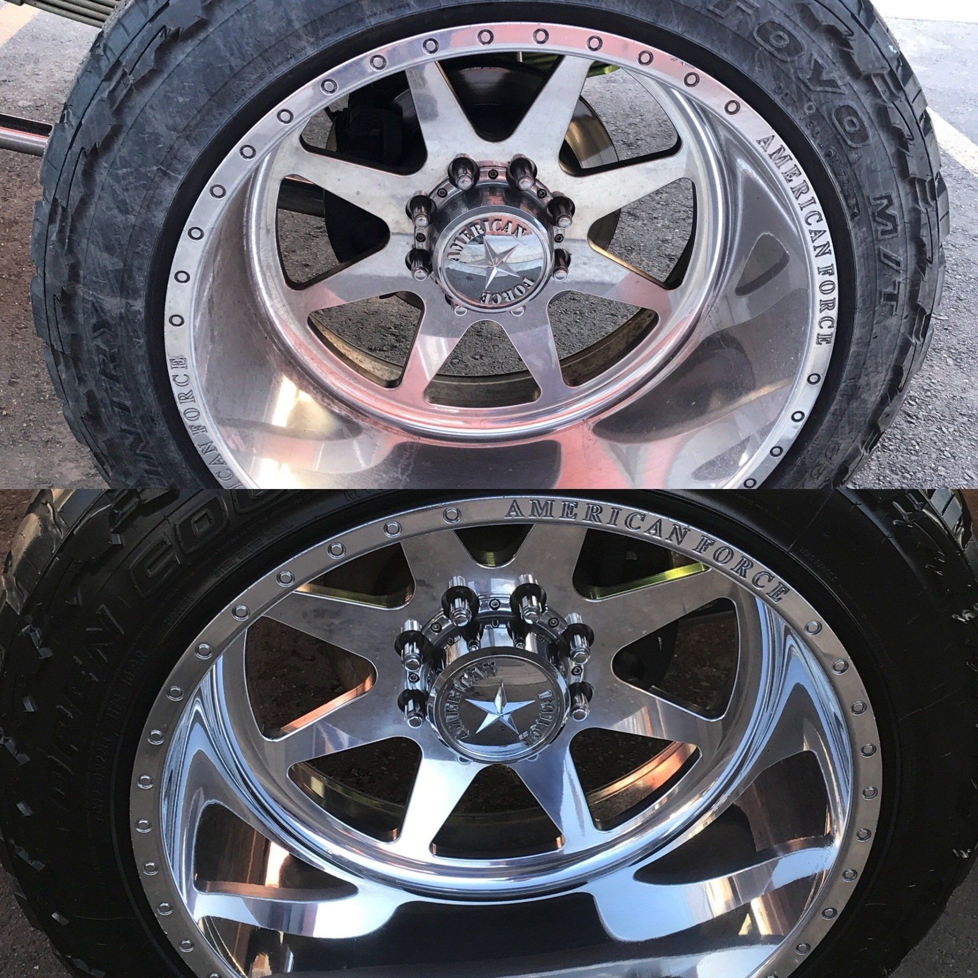 a before and after picture of a tire and wheel
