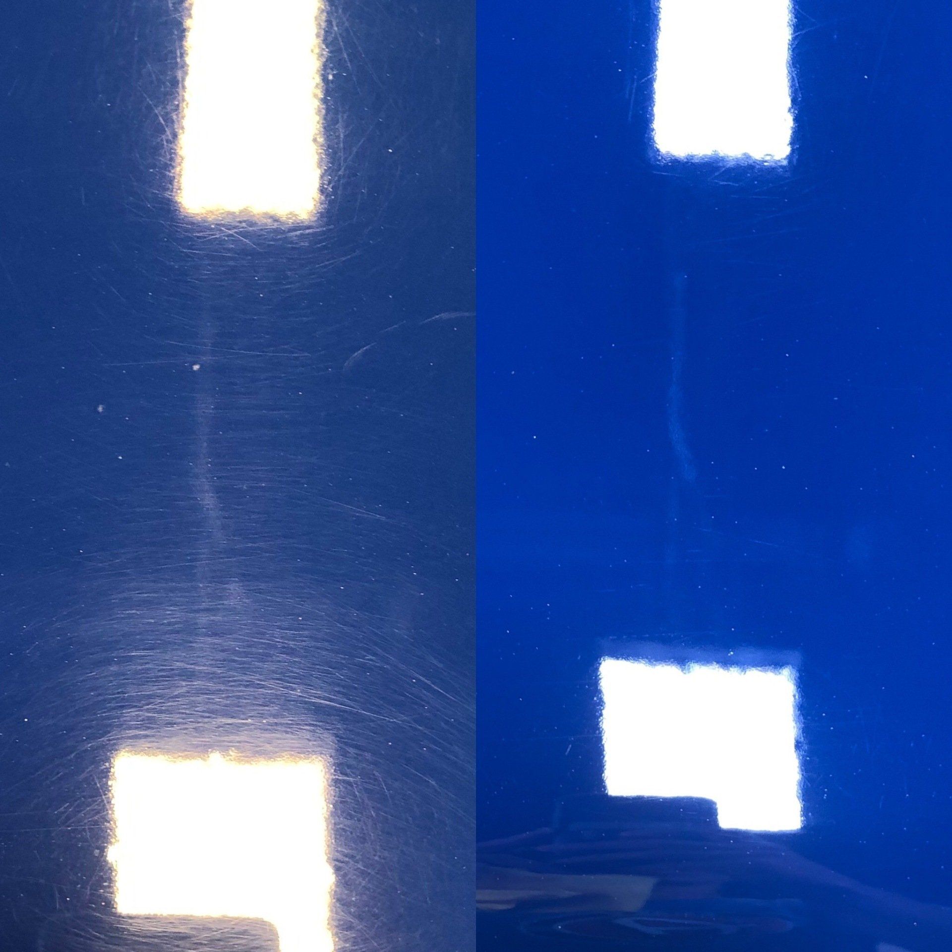 a before and after picture of a blue car .