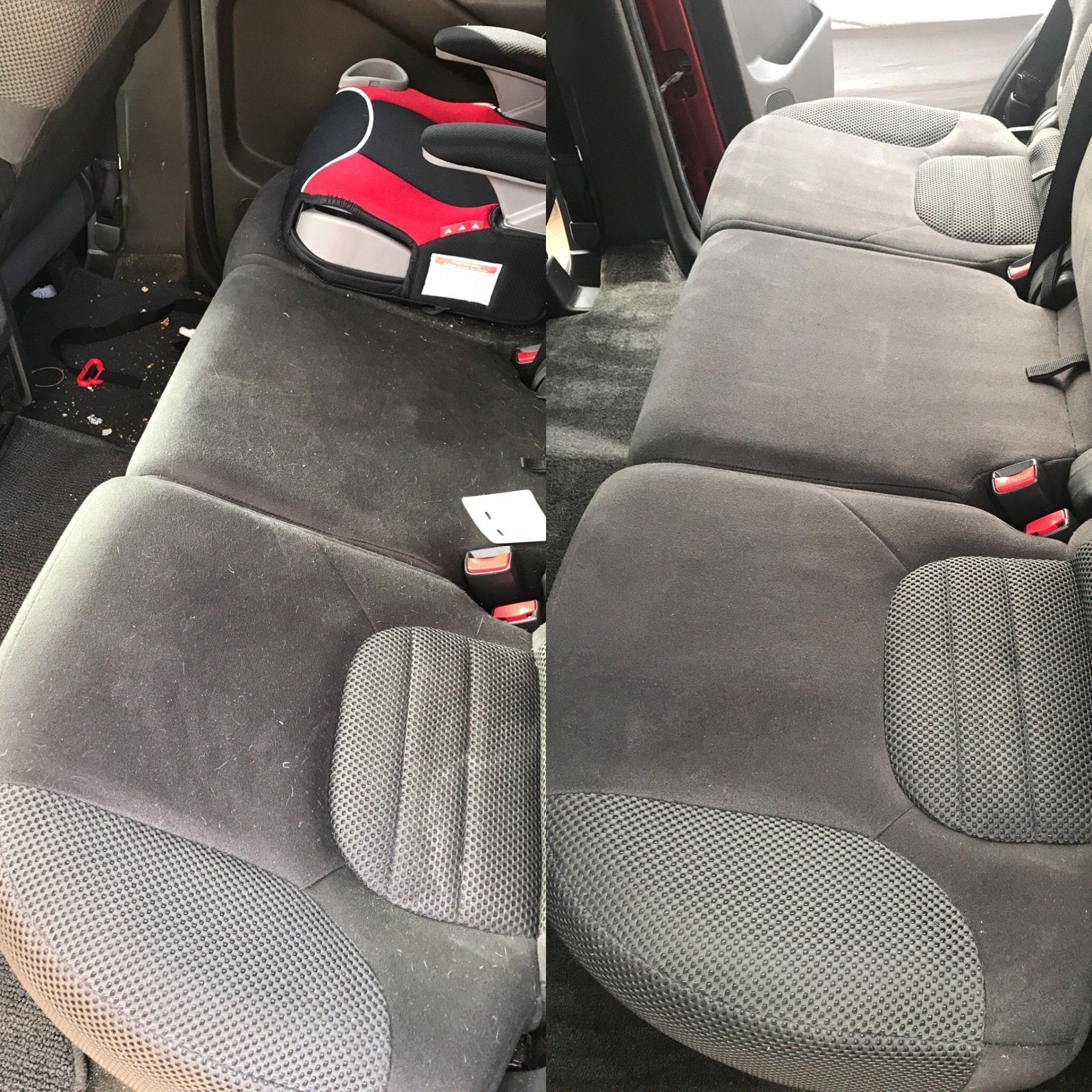 a picture of a car seat before and after being cleaned