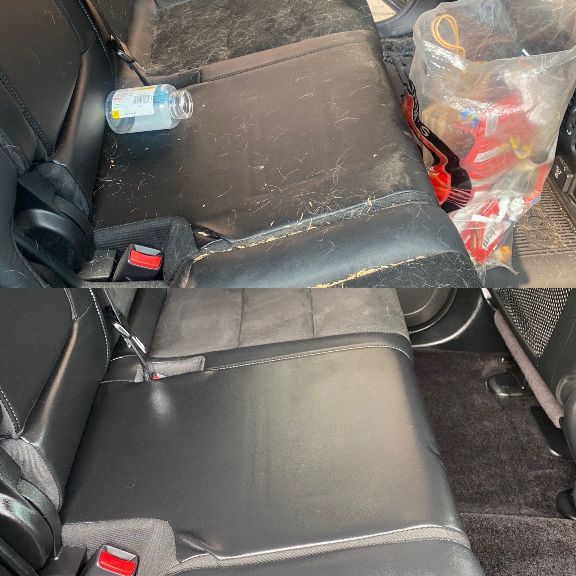 a bottle of water is sitting in the back seat of a car .