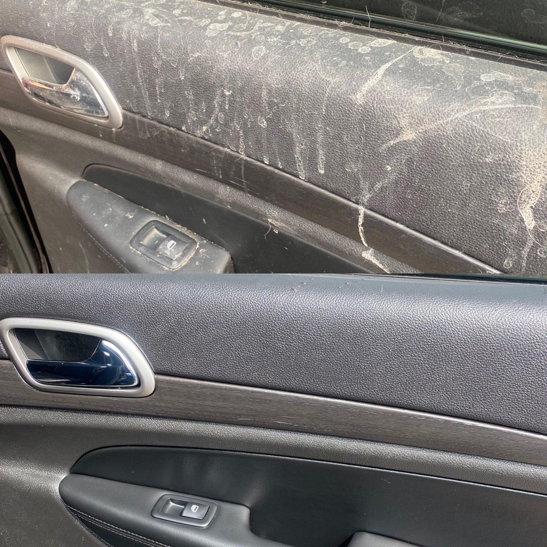 a before and after picture of a dirty car door .