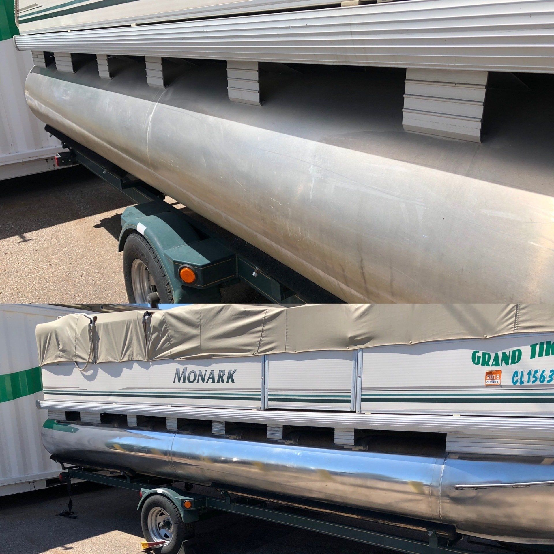 a boat on a trailer that says monarch on it