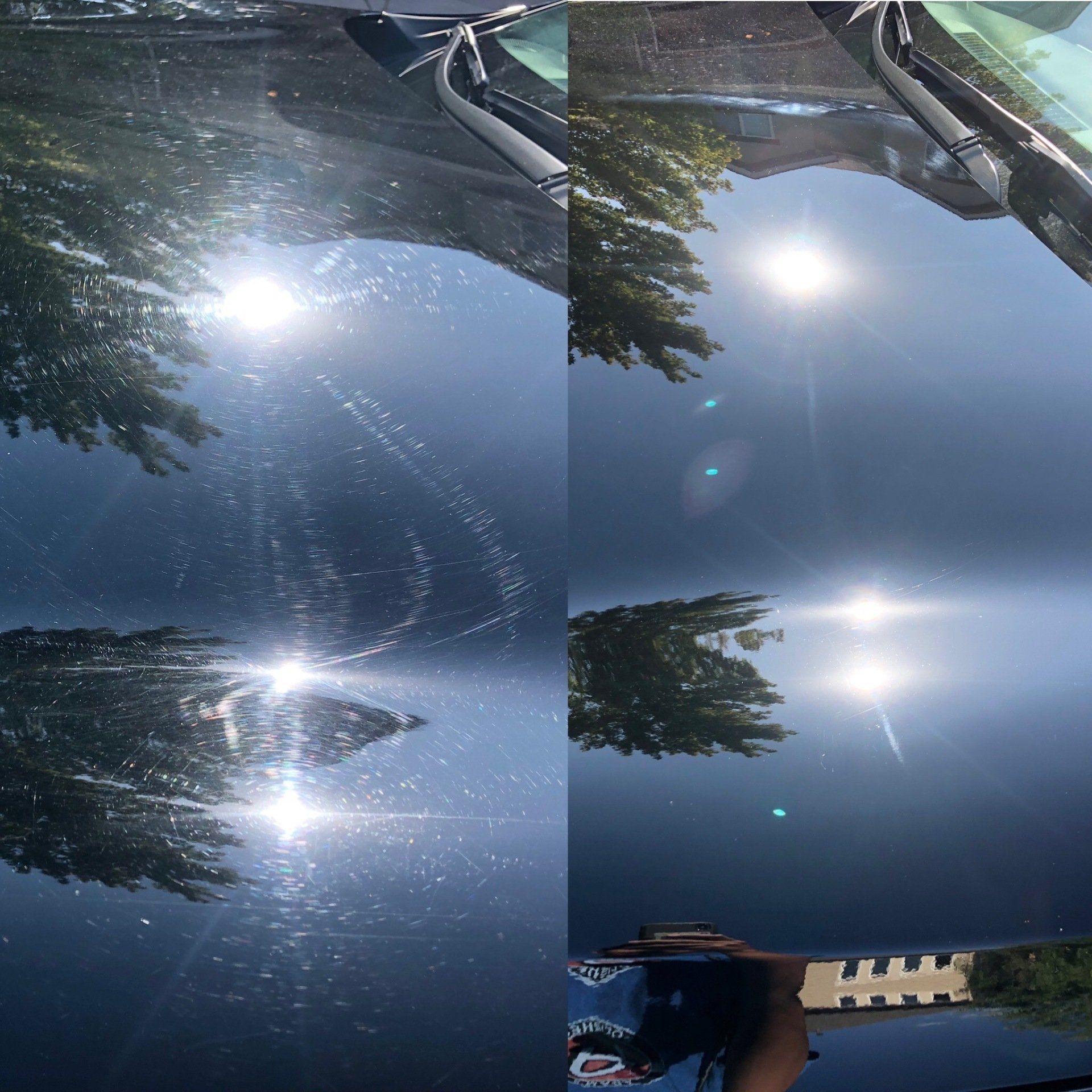 a before and after photo of a car 's hood