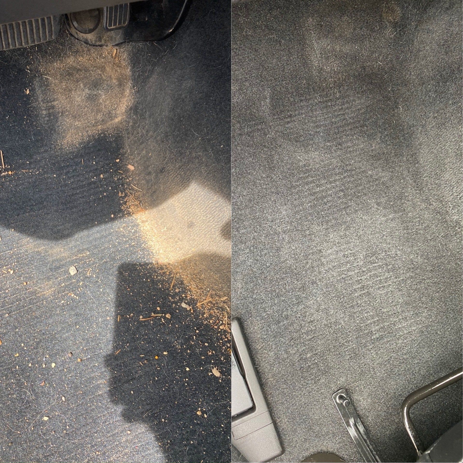 a before and after picture of a dirty carpet in a car .