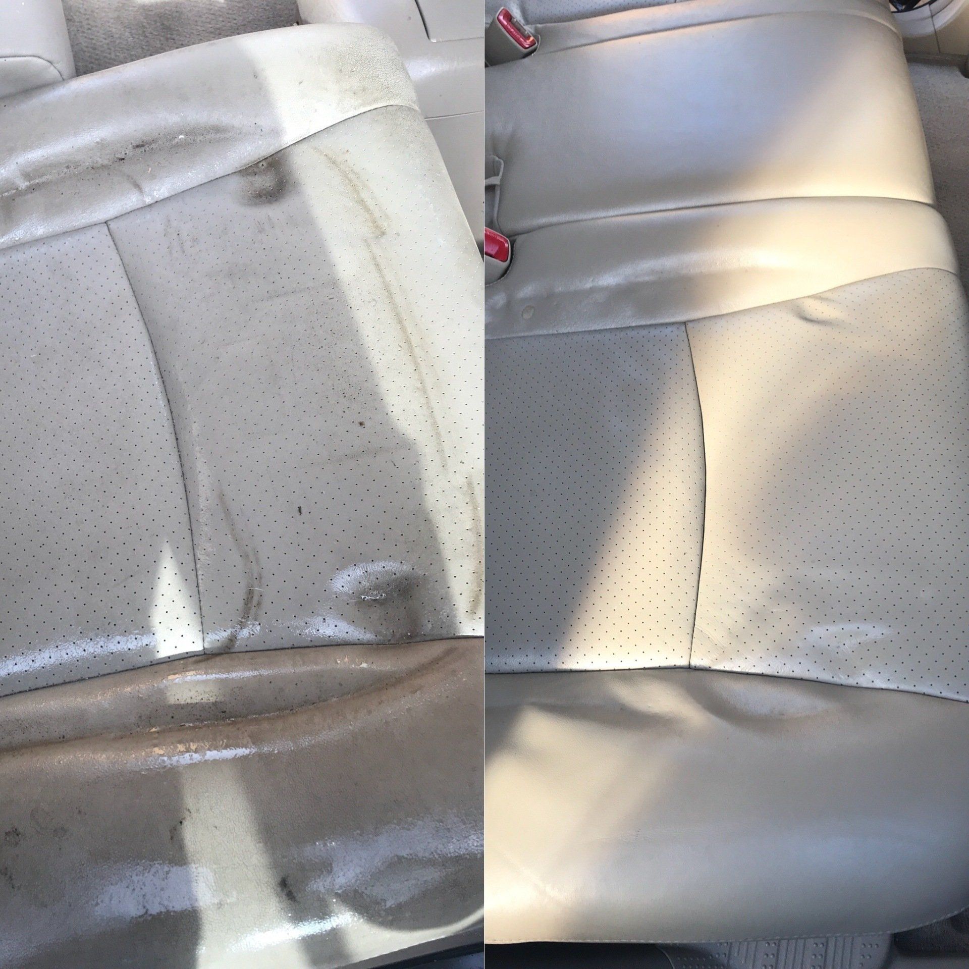 a before and after picture of a car seat .