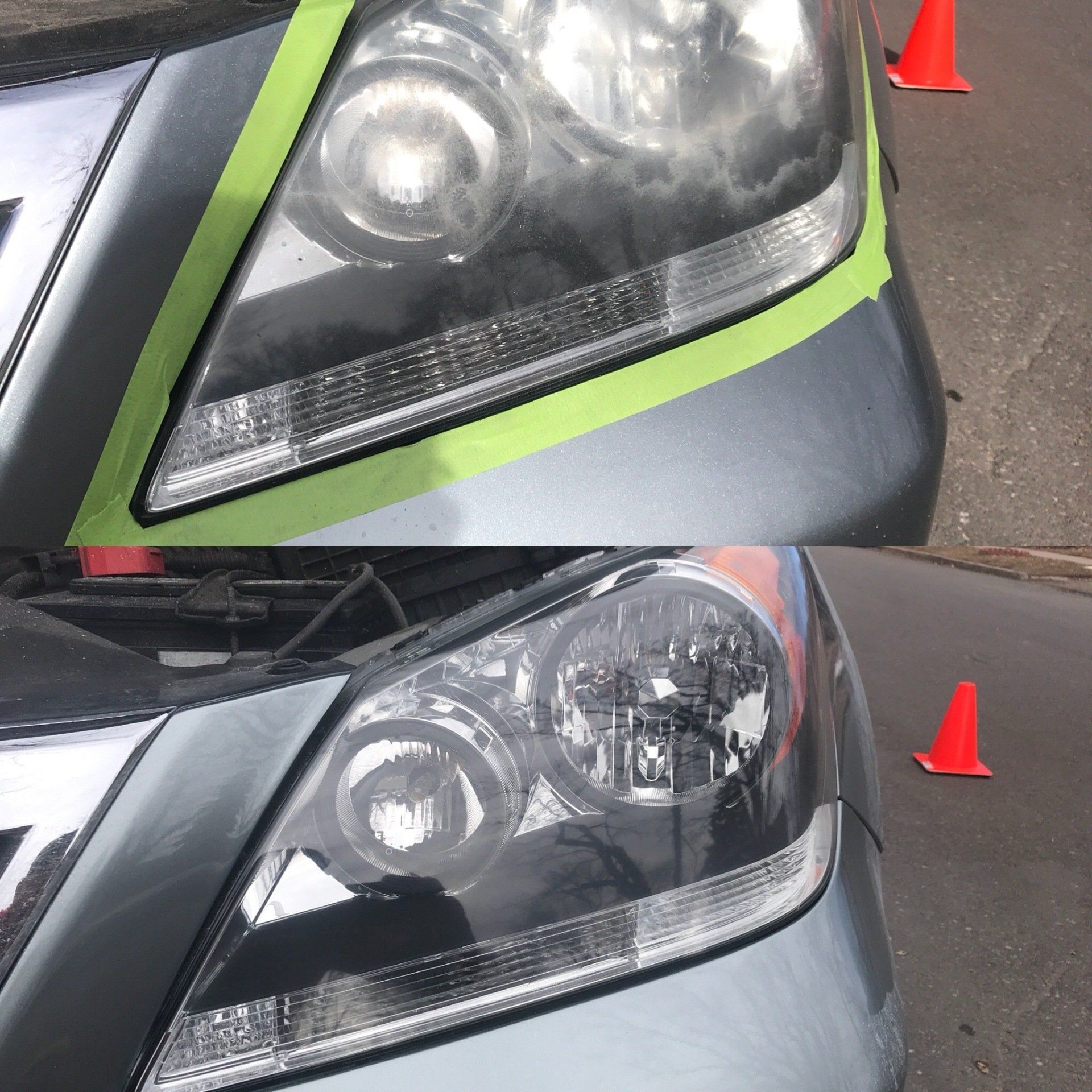 a before and after photo of a car 's headlights