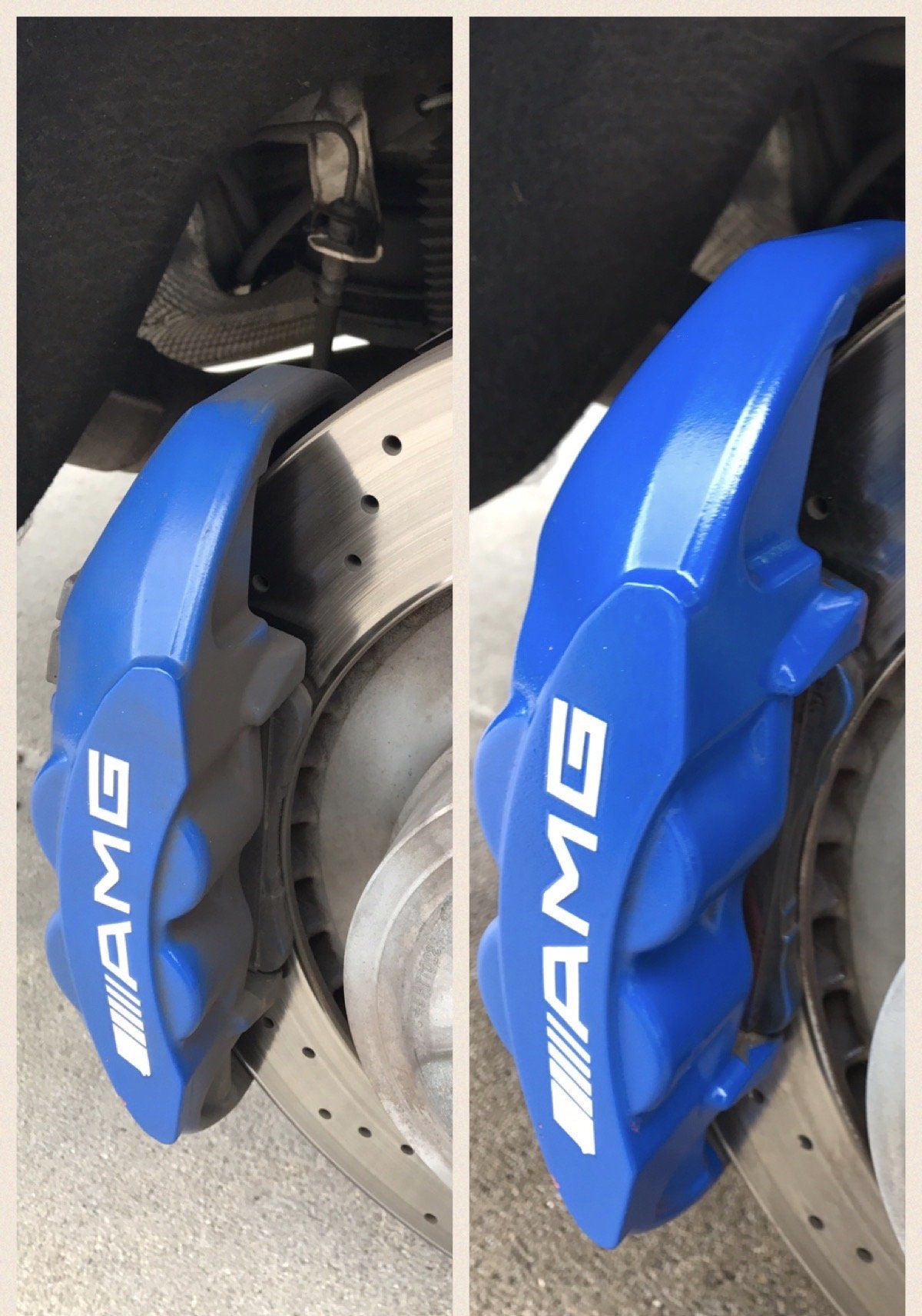 a pair of blue amg brake calipers on a car