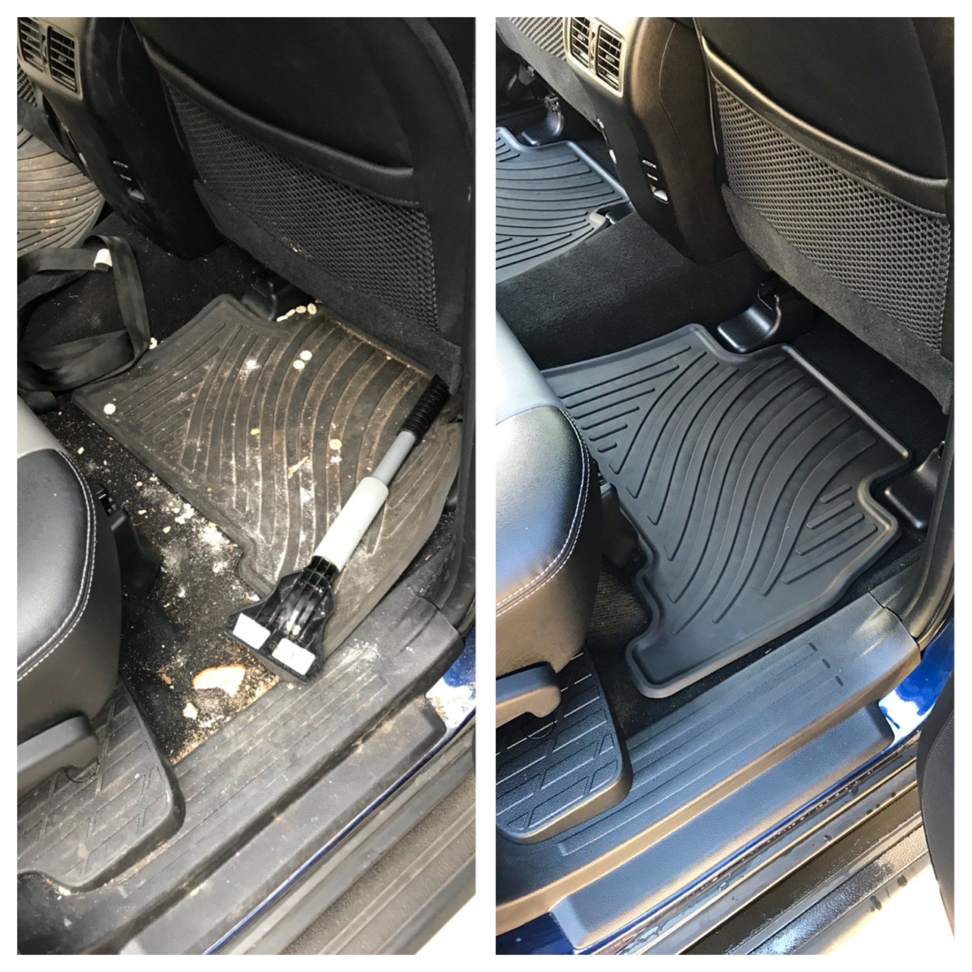 a before and after picture of a car 's floor mats